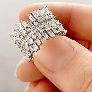Luxury Simulated Diamond Round & Baguette Cut Wedding Band, Glam Couture Ring